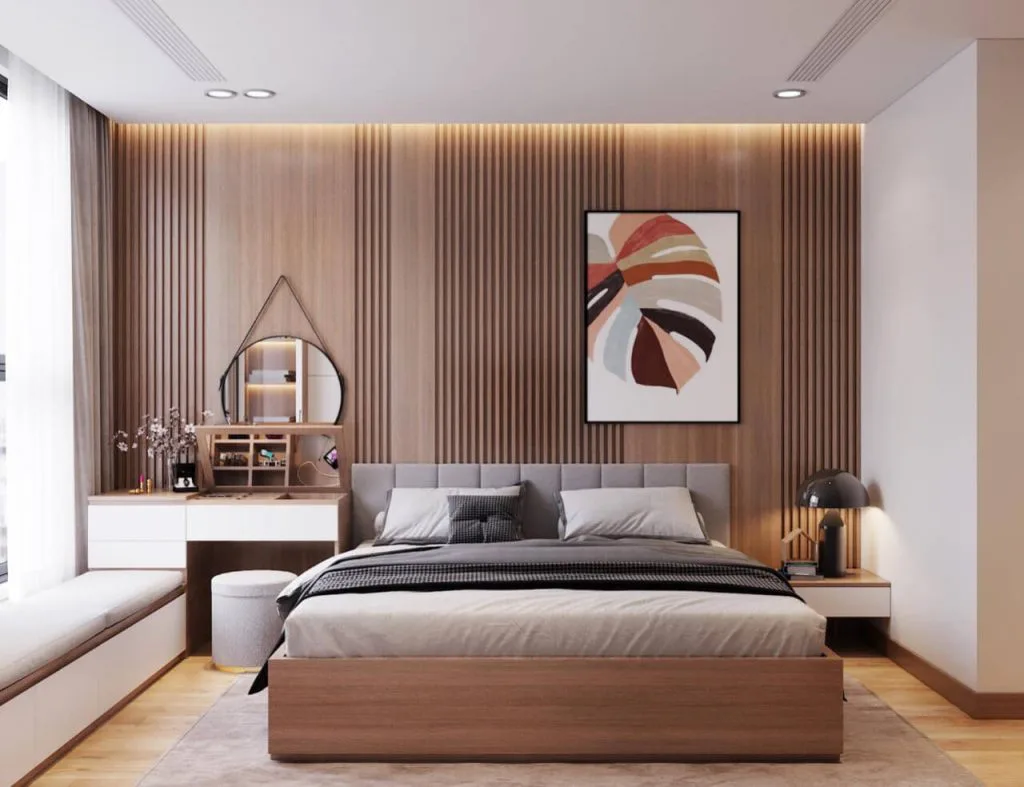 Phòng ngủ được thiết kế với màu trang và nâu gỗ làm chủ đạo.