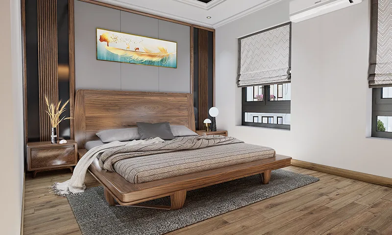 Thiết kế nội thất phòng ngủ 26m2 bằng gỗ óc chó