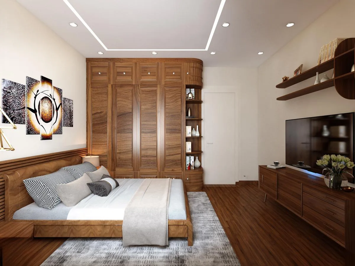 Bố trí hệ thống đèn âm trần tỏa đều ánh sáng khắp phòng ngủ và bố trí ngay lối đi giúp an toàn hơn khi di chuyển
